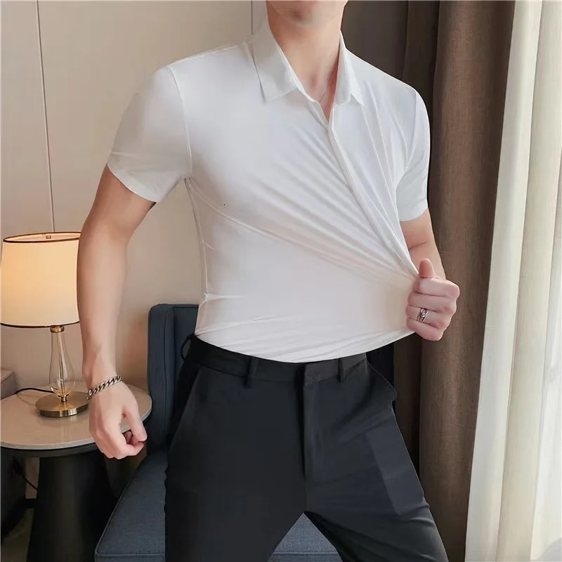 Mens Ultra Stretch Short Sleeve Shirt Business Casual Breathable Stretchable Abrasion-Resistant Solid Color Short Sleeve Shirt 250813
