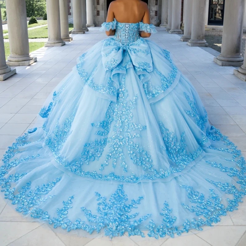 Sky Blue Shiny Ball Gown Quinceanera Dresses Off the Shoulder Applique Lace Beads Bow Tull Party Birthday Sweet 16 Dress Vestidos 15 Anos