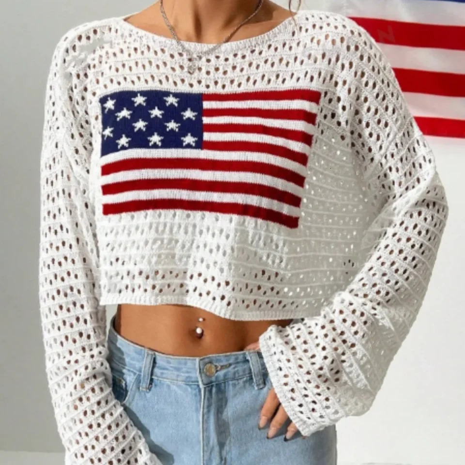 Womens Crew Neck Cropped Pullover American Flag Pattern Long Sleeve Knit Hollow Navel Top Womens Clothing 250808
