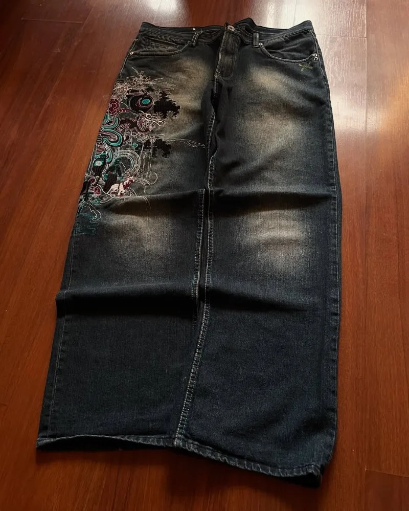 Retro Harajuku Fashion High Waist Graphic Embroidery Oversized Jeans Men Y2k American Hip Hop Street Rock Casual Pants Women 250813