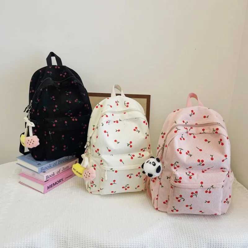 Corduroy Backpack Cherry Pattern Women Travel Daypack Adjustable Strap Laptop Backpack Zipper for Work Shopping School Backpacks XJ250814