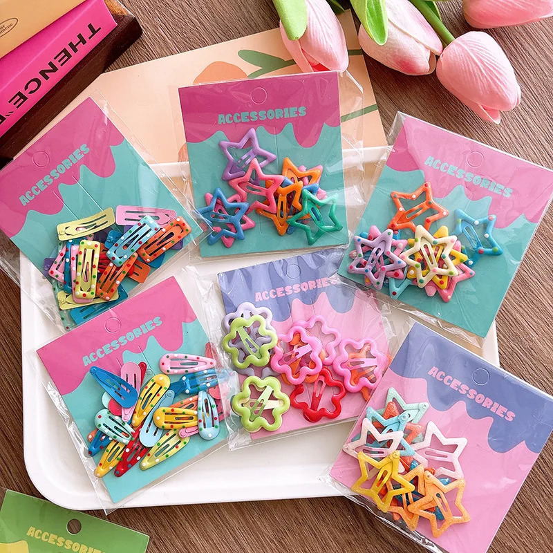 10/20pc Colorful Basic Snap Baby Hair Clips Girls Spring Sunmmer Color Heart Hairpins Star BB Barrette Kid Girls Metal Hairpins 250812