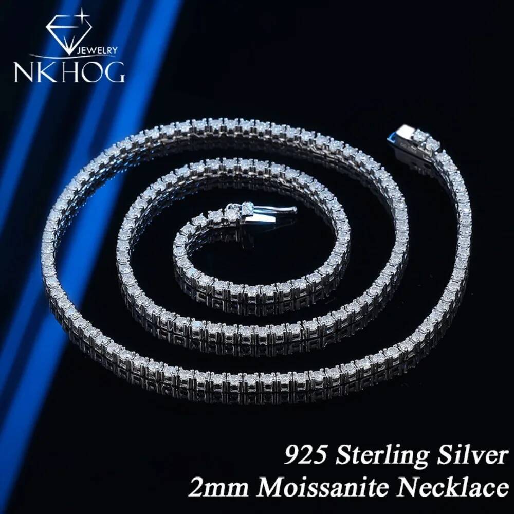 NKHOG 2mm Moissanite Tennis Necklaces Women 925 Sterling Silver Sparkling Diamond Chains Wedding Gift Fine Jewelry GRA Certified