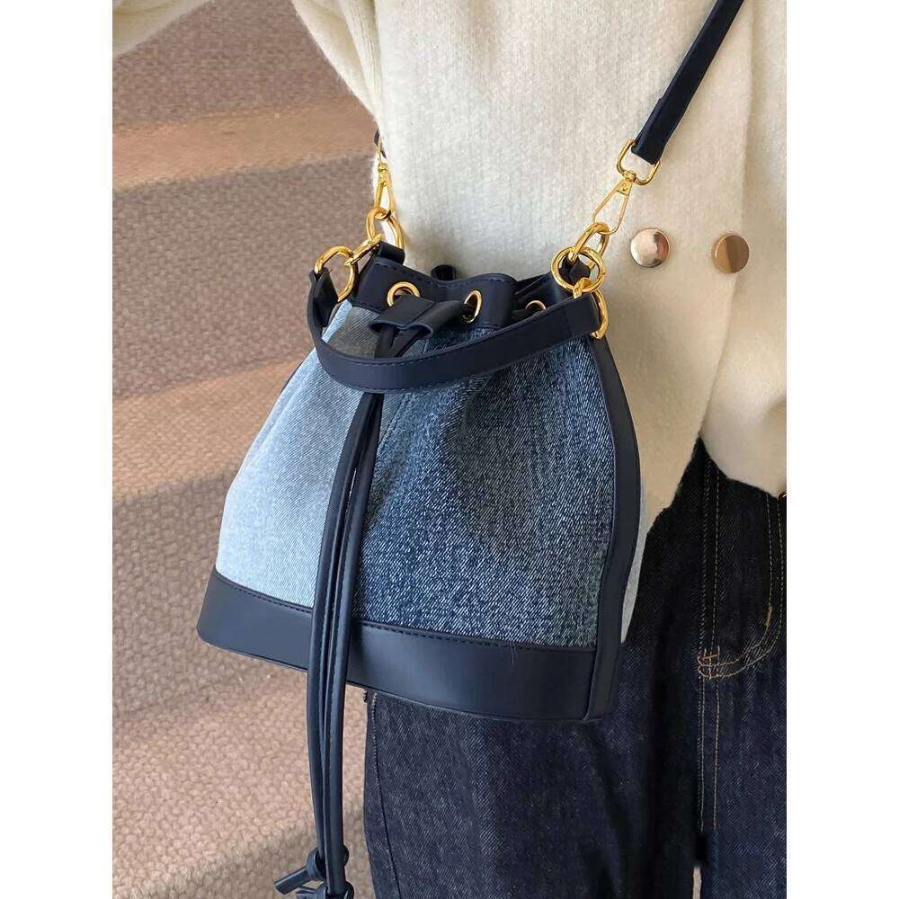 Vintage Women Bucket Bag Contrast Color String Handle Bags Large Capacity Female Commuting Messenger Shoulder Pack