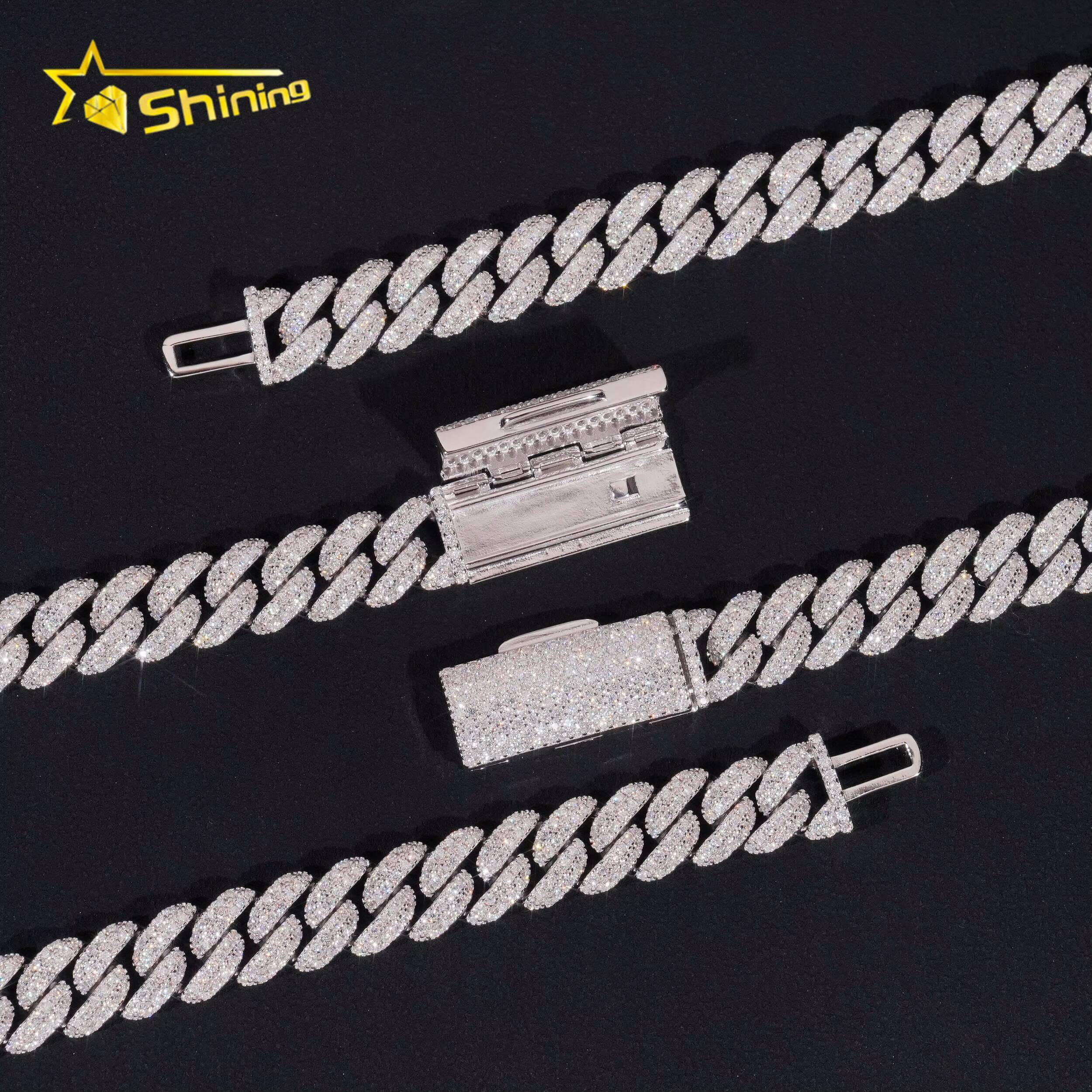 Factory Price Hip Hop Jewelry 10mm Solid 925 Sterling Silver Gold Plated GRA VVS Iced Out Moissanite Miami Cuban Link Chain