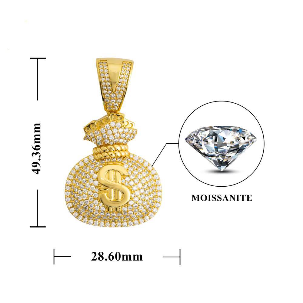 Iced out 925 Sterling Silver Hip Hop Diamond Pendant D Color VVS Moissanite Money Bag Gold Plating Rope Chain GRA Certificate