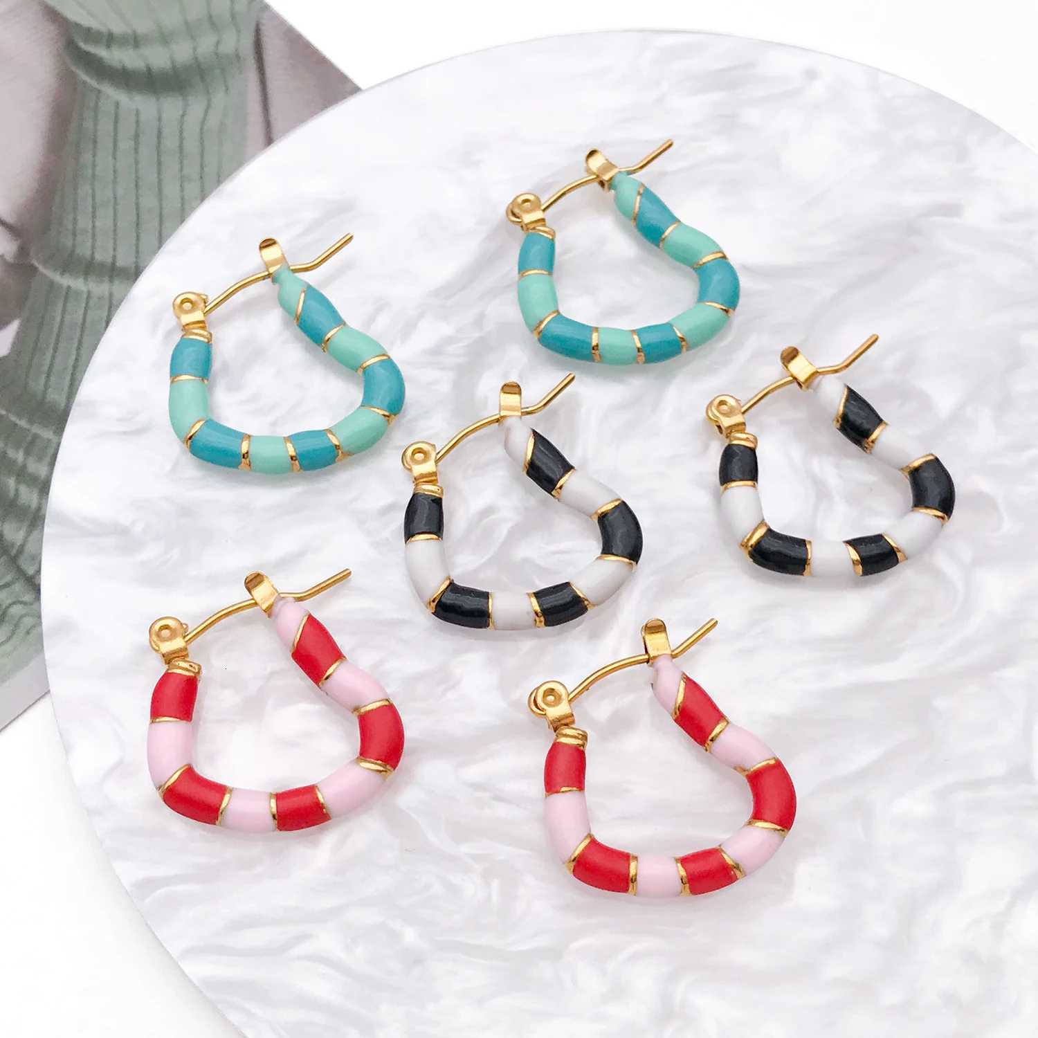 2pcs Stainless Steel Earrings Simple Geometry Colorful Enamel Bamboo Hoop Earrings for Womens Daily Wear Jewelry Accessories XJ250814