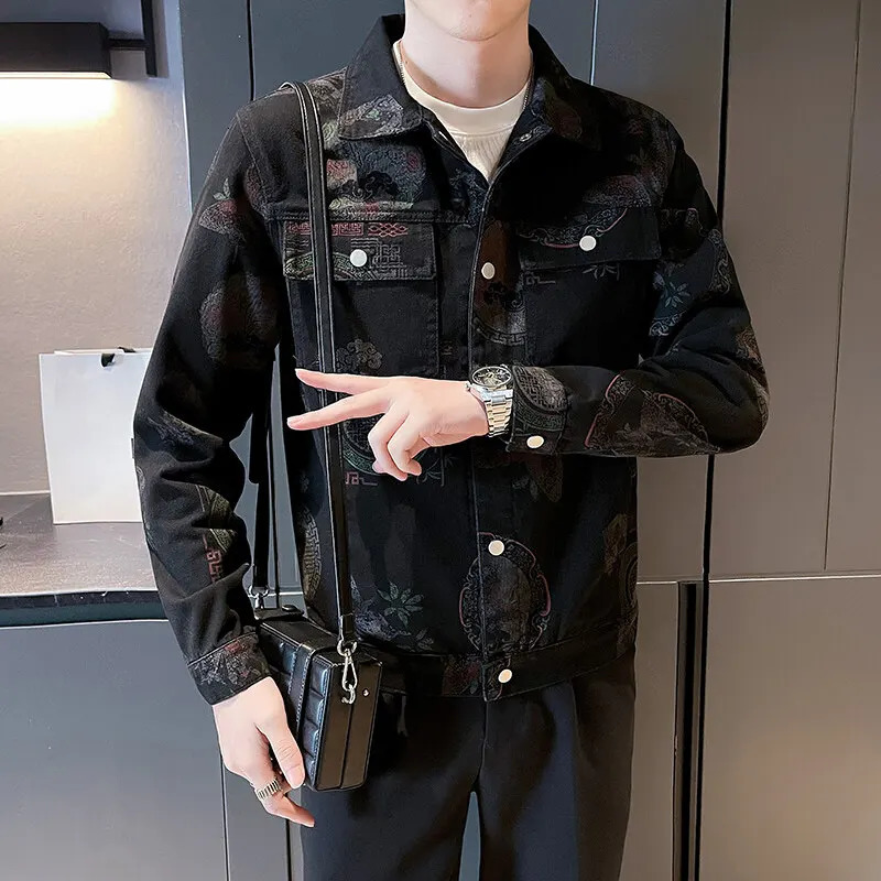 Green Men Diamond Plaid Printed Jacket Fashion Casual Coats Blue Black Denim Jackets 250811