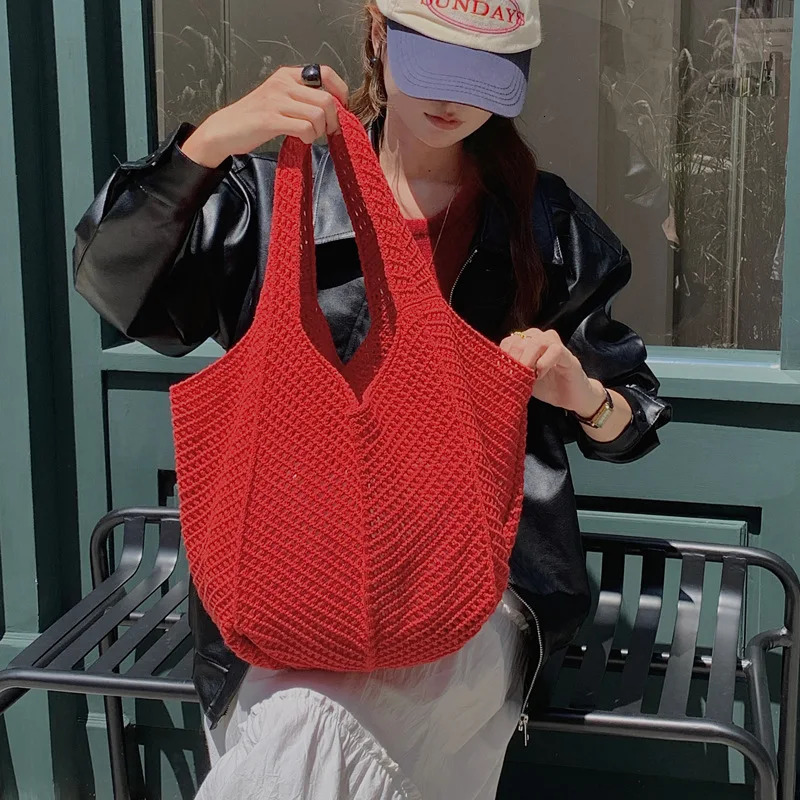 Women Crochet Tote Candy Bag Fashion Knitted Large Capacity Woven Shoulder Bags Solid Color Simple Shopping Bag for Summer Beach250813
