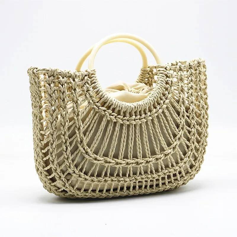Summer Handbags Straw Beach Purses Large Capacity Woven Basket Holiday Hollowed Out Interior Round Handle Vegetable Tote Bag high-quality