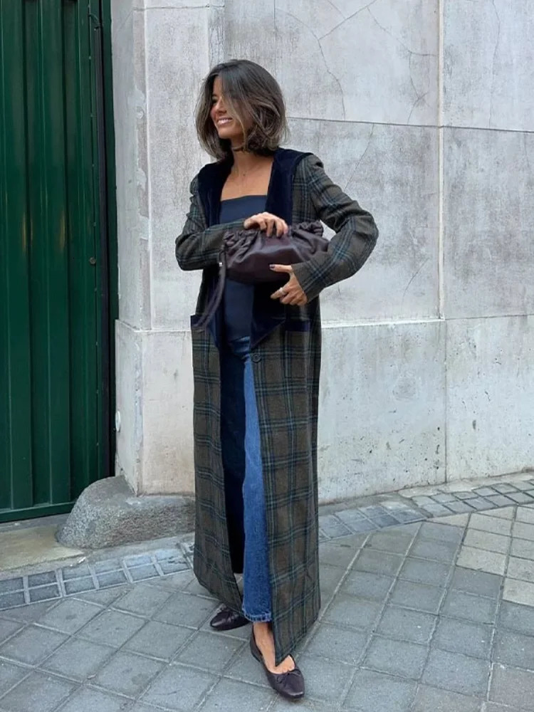 Woolen Plaid Long Coat Women Turn-down Collar Loose Long Sleeve Button Elegant Outwear Female Thicken 2025 Spring Street Jacket 250813