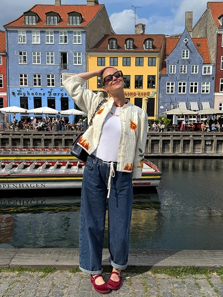 Casual Patchwork Printed Women s Jackets Loose O-neck Single Breasted Full Sleeve Jacket Female 2025 Early Autumn Lady Outwears 250813