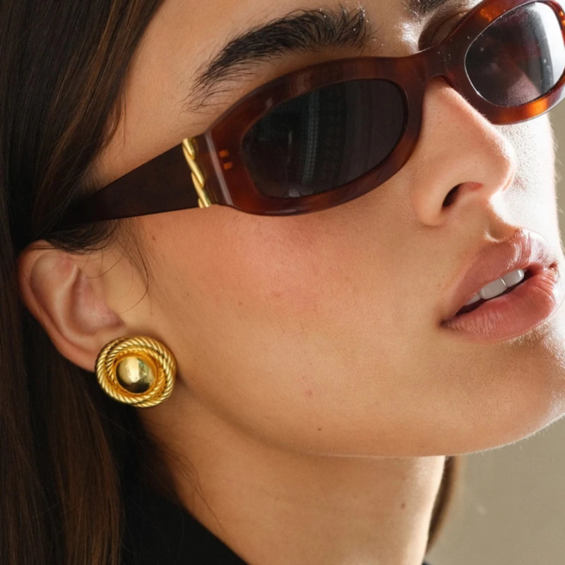 Creative Gold Plated Stainless Steel Round Geometric Earrings for Women Statement Geometric Studs Fashion Jewelry Waterproof 250812