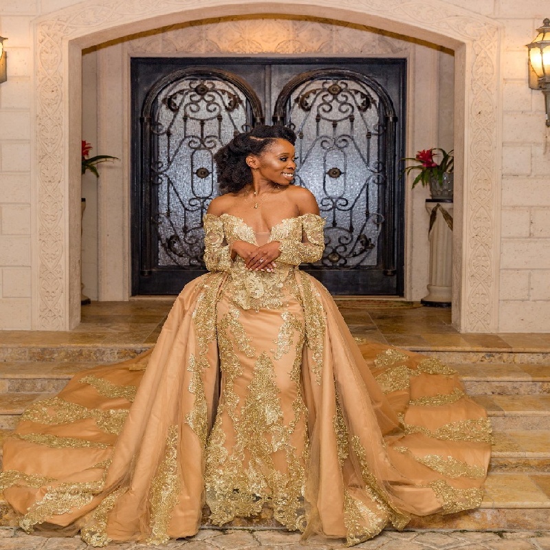Luxury Gold Wedding Dress With Detachable Train African Mermaid Plus Size 2 In 1 Lace Garden Bridal Dress Country Bride Dress 2025 Robe De Mariage