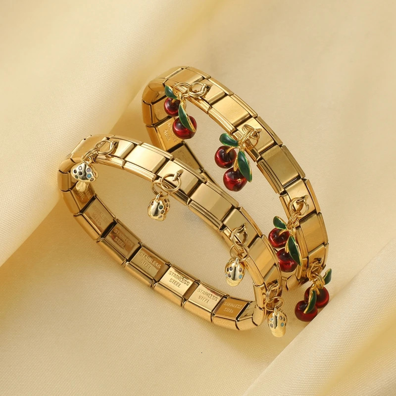 Y2K Golden Cherry Pendant Stainless Steel Elastic Italian Links Charm Bracelet 9mm Width Simple Bangle Women DIY Jewelry 250813