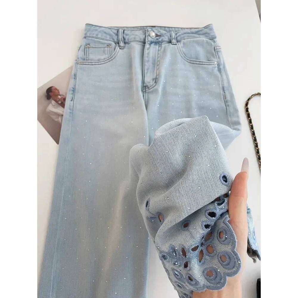 2025 Summer Loose Hollow Embroidered Rhinestone Jeans Women High Waist Straight Denim Pants Y2K Casual Streetwear Look