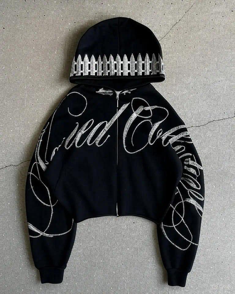 Mens Hoodies Retro Letters Rhinestone Sequin Short Hoodie Streetwear Womens Clothing Fashion Oversized Casual Pants Sweatshirt Graphic