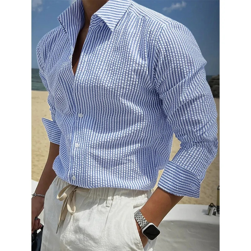 Vintage Striped Mens Shirts Daily Casual Breathable Long Sleeve Shirt Spring Summer Beach Leisure Buttoned Lapel Men Cardigans 250813
