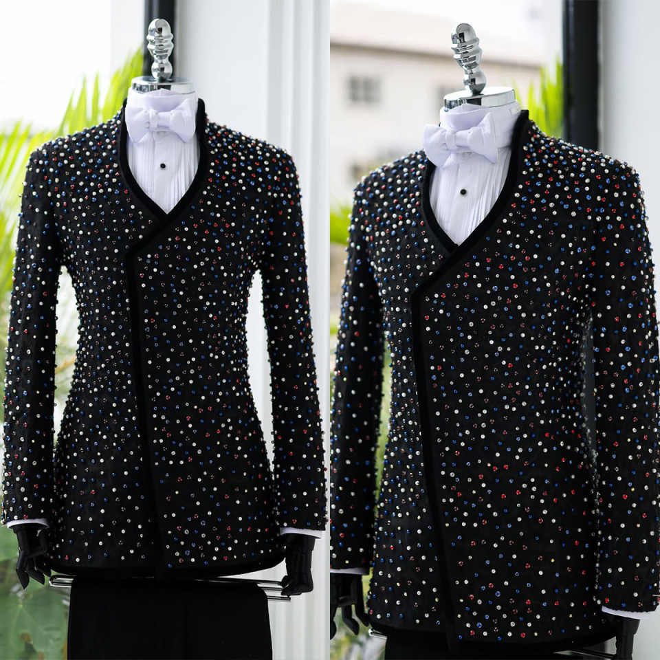 Colorful Beading Mens Tuxedos Slim Fit Sequined Groom Wedding Pants Set Male Fashion Suit Customized Made Clothing 2 Pieces