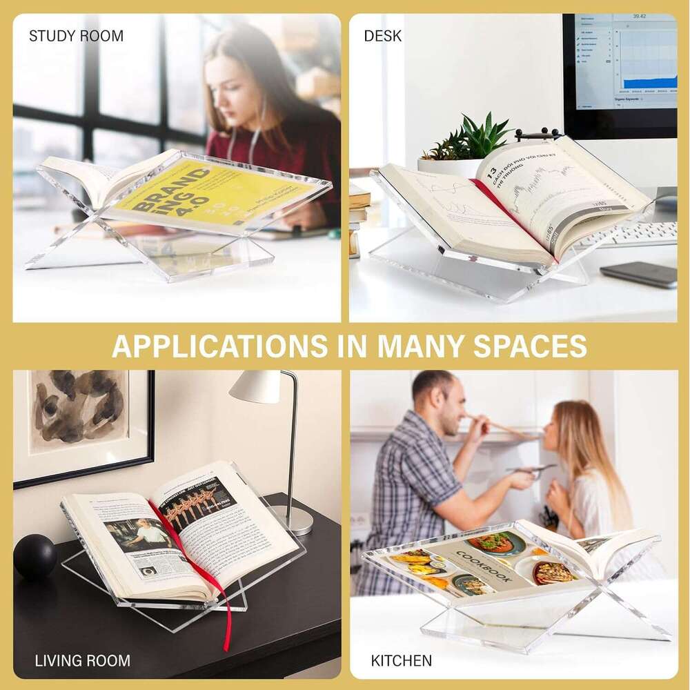 Large Clear Acrylic Stand Reading and Display, Foldable Holder Cookbooks, Art Books, Bibles, Magazines Open Book stand for Kitchen, the front stopper 