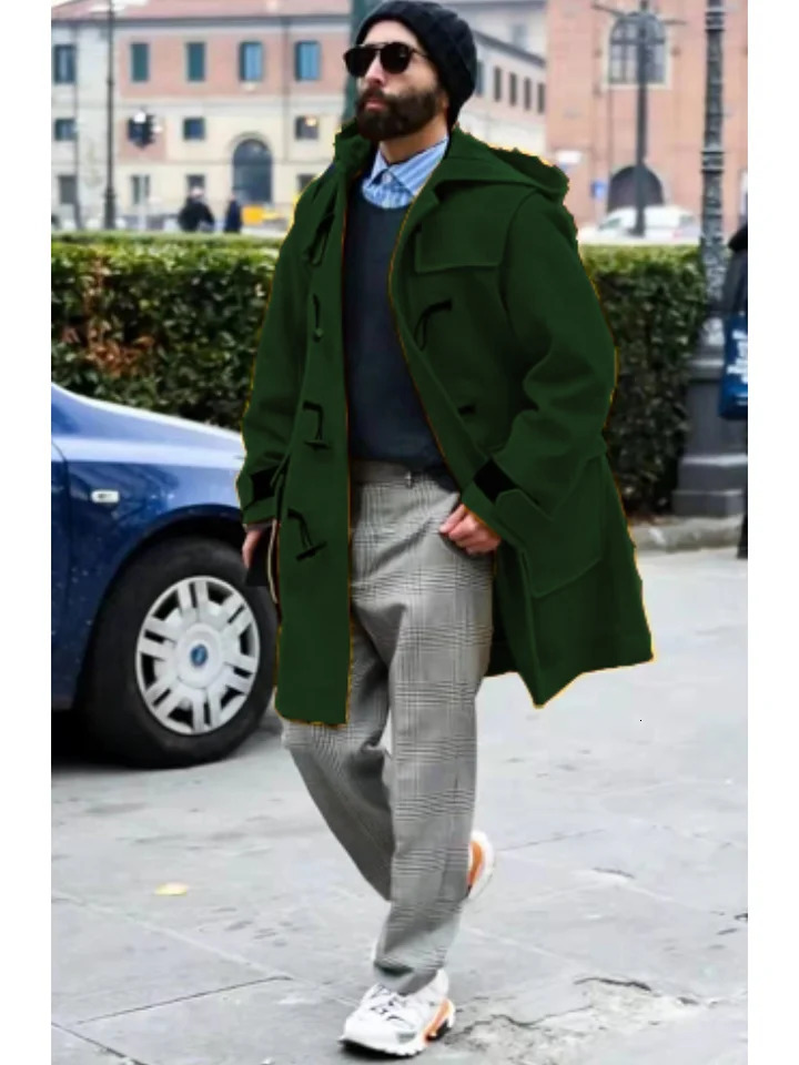 Streetwear Mens Jacket Casual Trench Horn Buttons Loose Hooded Outerwears Jackets Extralong Men Clothing For Autumn Winter 250813