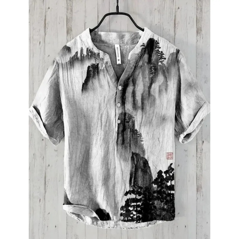 2025 mens Linen shortsleeved Shirt Fashion Casual Printed Tops European And American Style Clothing 250804