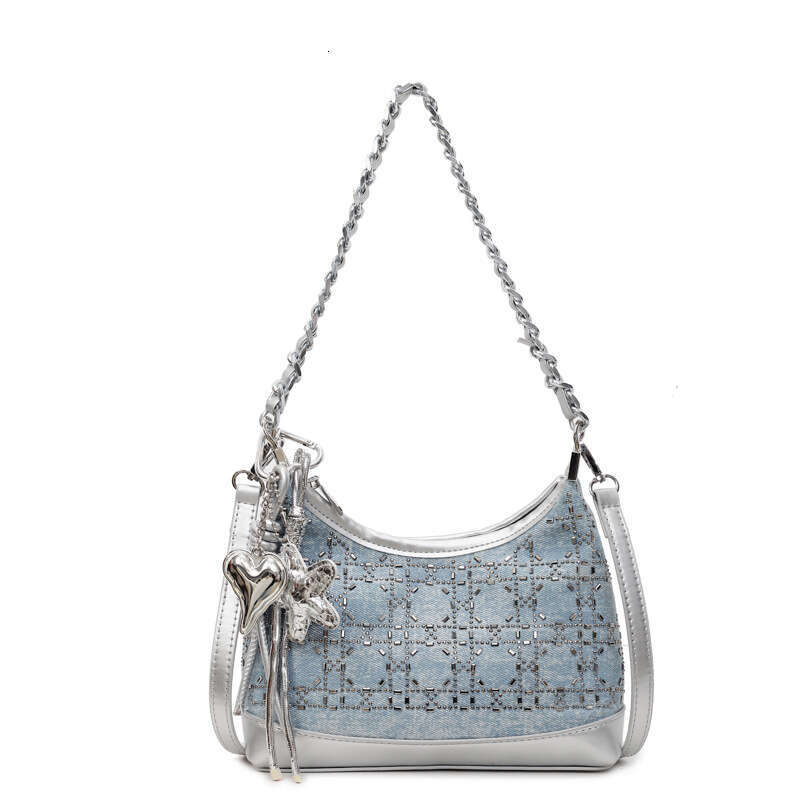 Summer New 2025 Denim Blue Rhinestone Sequin Fashionable High-End Single Shoulder Basket Handbag