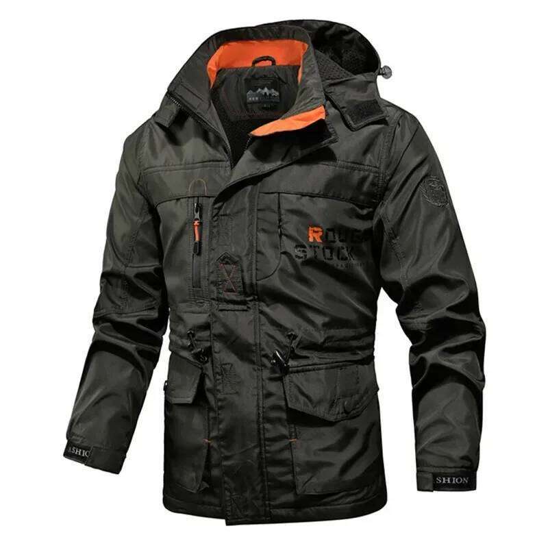 Autumn Spring Mens Detachable Hood Windproof Outdoor Zipper Outdoor Multi-Pockets Sports Jacket Cargo Jackets Men
