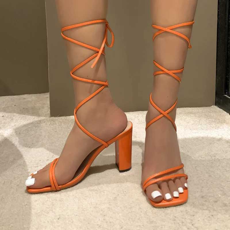 Womens Fashion Summer Sandals Lace Up Open Toe Square Heel Hot Selling Womens High Heel Sandals Cross Lace Up Large Size Shoes W250814
