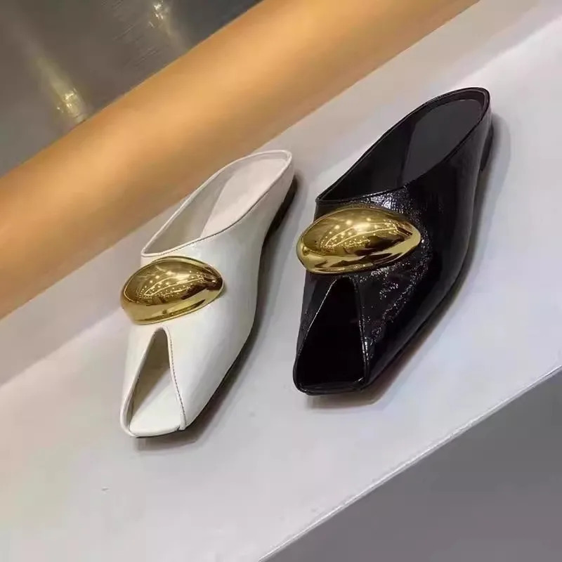 Elegant Temperament Metal Buckle Fish Mouth Slippers Fashionable Flat Shoes Cool Slippers Summer Trend 250809