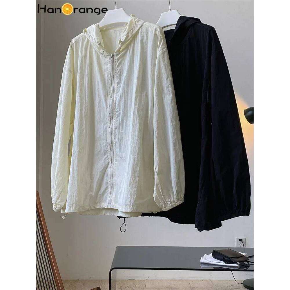 Designer Clothing 2025 Hanorange 2024 Summer Light Transparent Hooded Zipper Sunscreen Women Loose Silhouette Thin Long Sleeve Jacket Female'