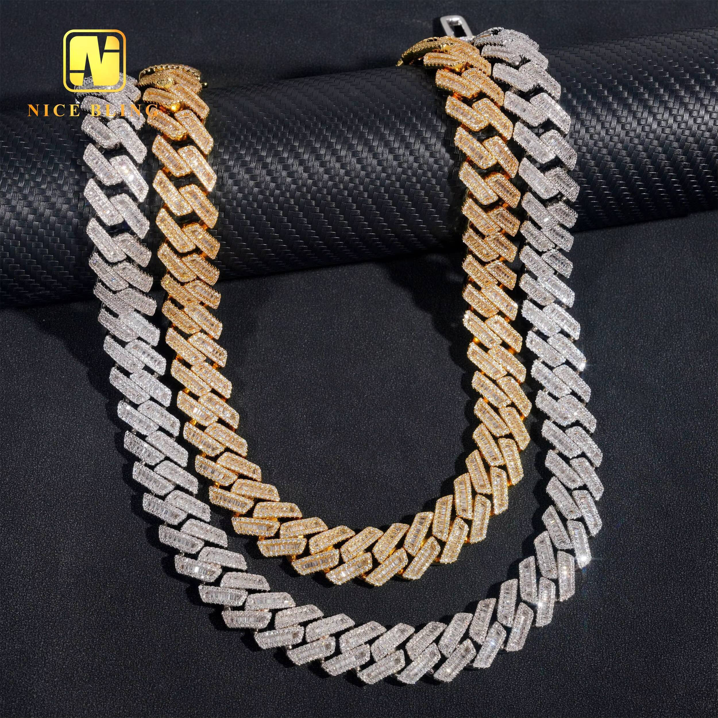 17mm Cuban Link Chains Men Hip Hop Jewelry baguette CZ Diamond Necklaces Iced Out Brass Chains