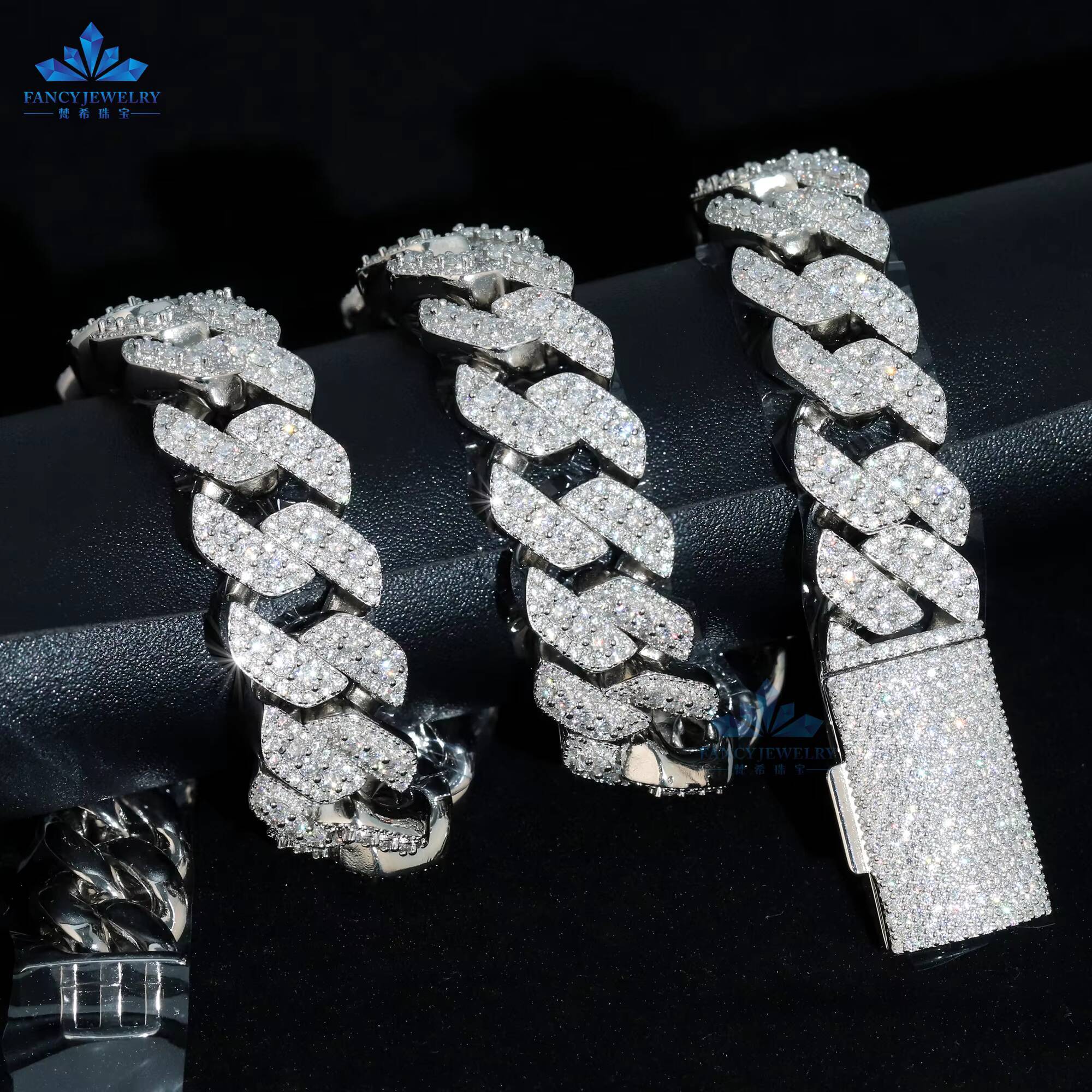Fancy Jewelry Hip Hop Iced Out Moissanite Link 3 Rows 18mm Sterling Sier Cuban Necklace Bracelet