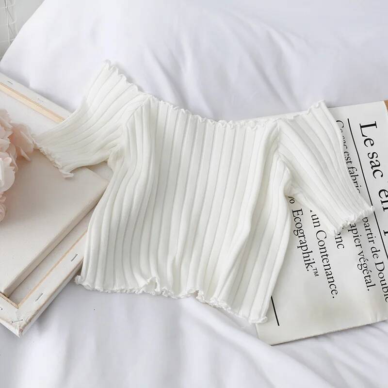 2025 fashion Women's Knitted Ruffle Hem Top Cute Umbilical Top Off Shoulder T-shirt Summer Women's Short Sleeve T-shirt Designer Top