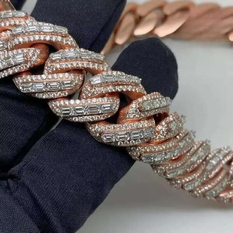 Rappers 20MM Iced Out Rose Gold Emerald Cut Moissanite Cuban k Mens Hip Hop Miami Chain