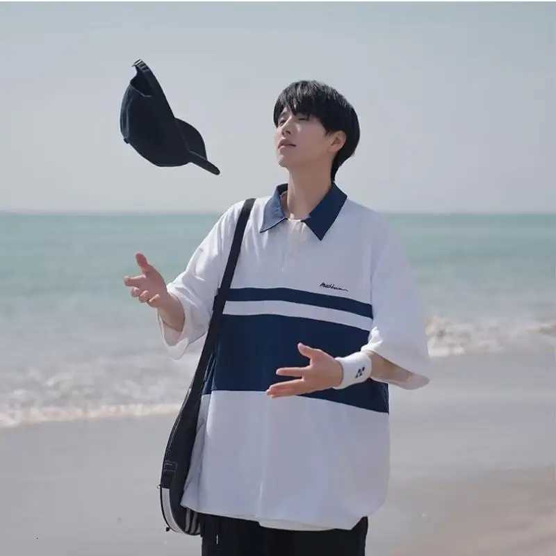 Mens Japanese Retro Polo Shirt Short Sleeved T-shirt Summer Thin Style College Style Casual Lapel Five Quarter Sleeved Top XJ250804