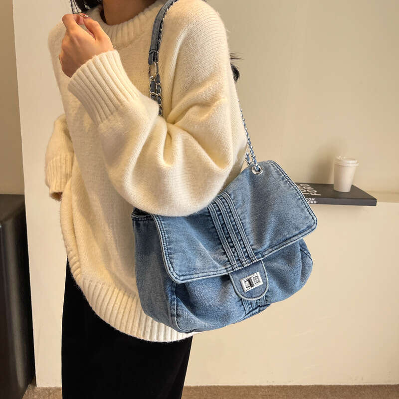 New Korean Style Bags Designer Women Washed Denim Single Shoulder Bag for Women, Niche Design Messenger Bag, Fashionable Large Capacity Handbag