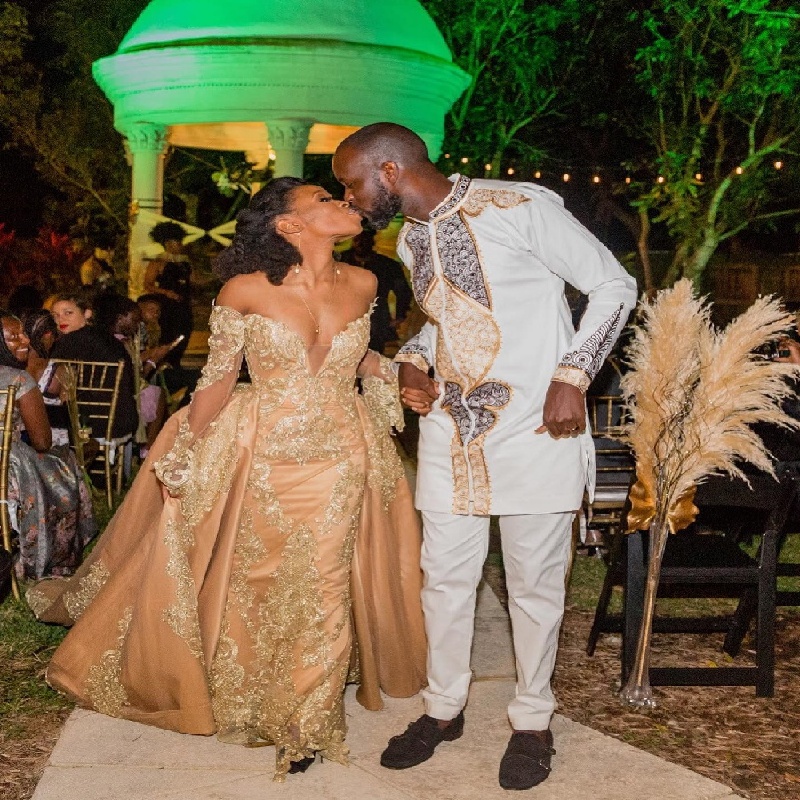 Luxury Gold Wedding Dress With Detachable Train African Mermaid Plus Size 2 In 1 Lace Garden Bridal Dress Country Bride Dress 2025 Robe De Mariage