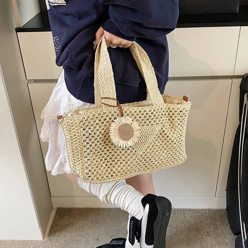 MOODS Summer Beach Straw Top-handle Bags For Women Handmade Woven Design Shoulder Crossbody Satchel Bag With Flower Pendant high-quality