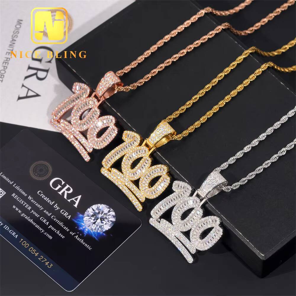 Custom Iced Out Number 100 Hip Hop Moissanite Jewelry Pendant VVS Moissanite 925 Sterling Silver Hip Hop Pendant