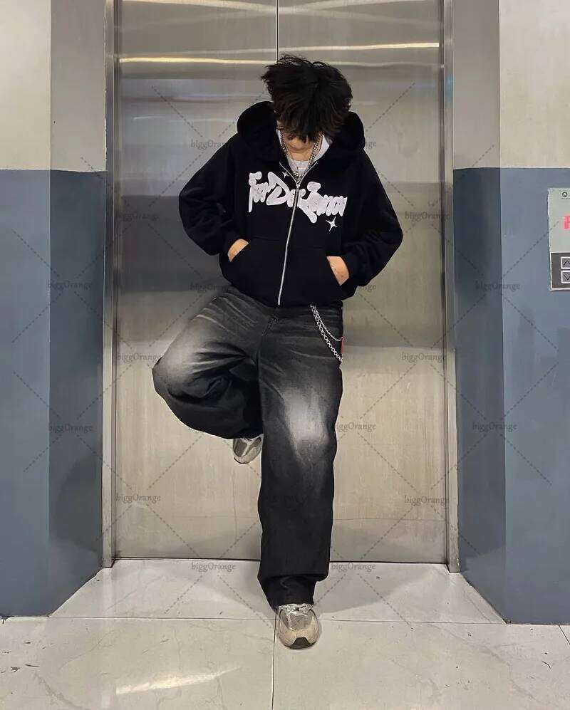 American Retro Dart Pattern Casual Loose Cotton Zipper Hoodie Men Street Hip-Hop Haruku Y2k Fashion Oversized Sweatshirt Women