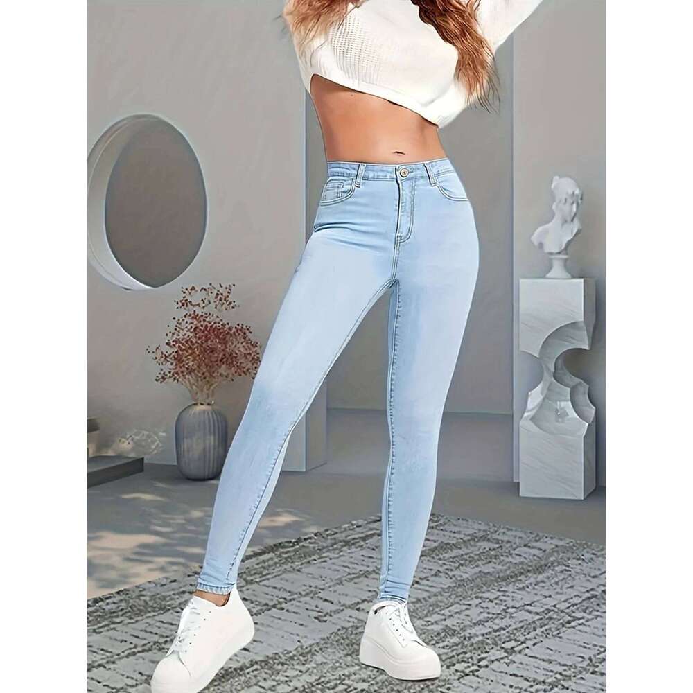 Women's High Waisted Elastic Slim Jeans Slanted Pockets Washed Blue High-Quality Comfortable Fit Suitable for Daily Wea
