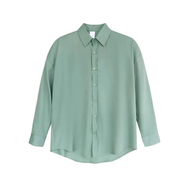 Mens Korean Youth Simplicity Loose Blouse Spring Polo Neck Long Sleeve Solid Temperament Shirt Tops Fashion Trend Men Clothing 250813