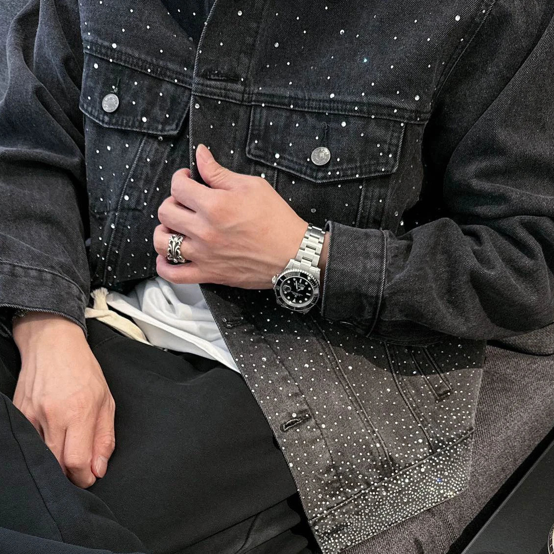 Spring Casual Hip Hop Rhinestones Denim Jacket Fashion Drilling Men Denim Slim Fit Bomber Jacket Men Black Denim Jacket 250811