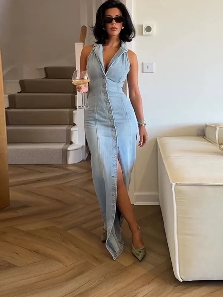Jean Long Dress For Women Turn-down Collar Sleeveless Single Breasted Front Split Robe 2025 Summer Fashion Female Casual Dresses 250813