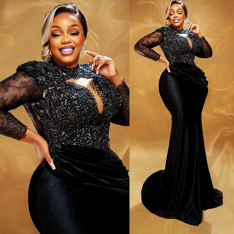 2025 Mermaid Plus Size Black Prom Dresses For Black Women Aso Ebi Illusion Sheer Neck Long Sleeves Appliqued Lace Beaded Birthday Dress Second Recepti