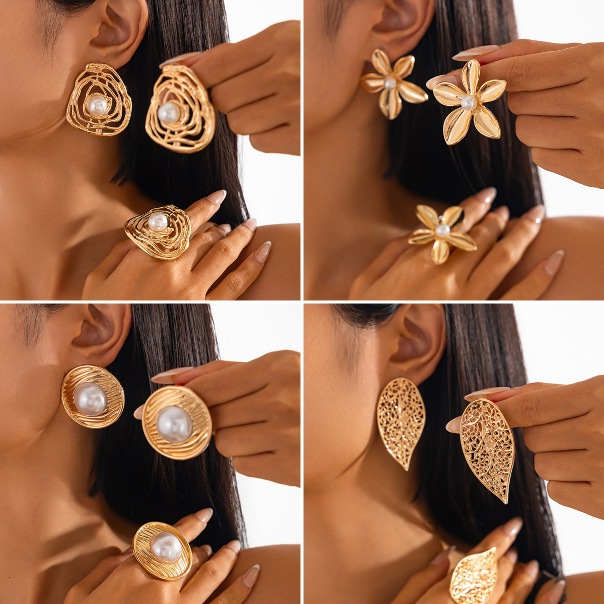 Ins Exaggerated Metal Style Wrinkled Imitation Pearl Earrings Personality Sweet Cool Line Earring Set ddmymoon