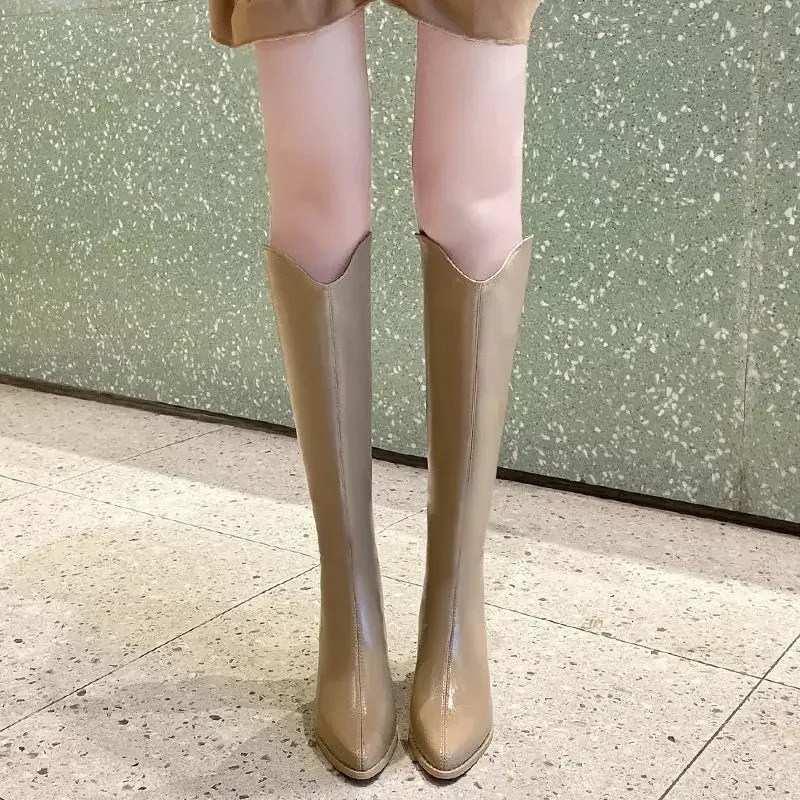 Knee High Shaft Shoes Woman Waterproof Pointed Toe Black Large Size Warm Spring Autumn Long Boots for Women Fashion 250812