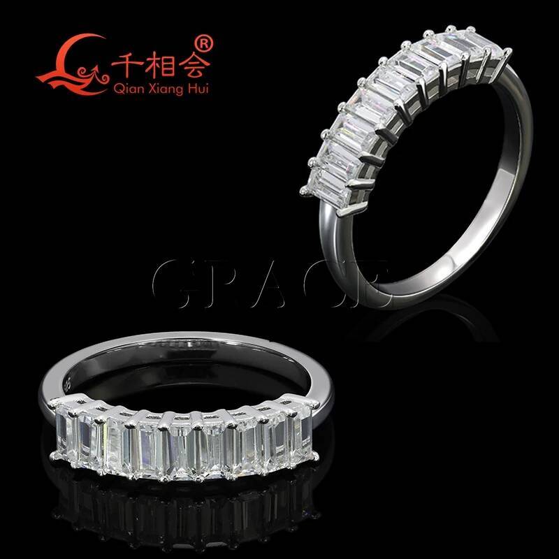 Sterling 925 Silver Baguette Emerald Cut Moissanite Half Eternity Ring Hip Hop Style 2x4mm Unisex Diamond Jewelry