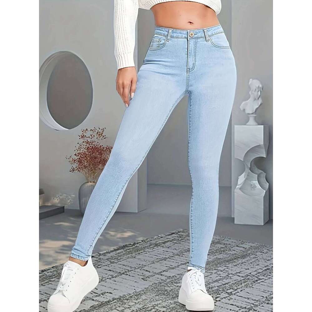 Women's High Waisted Elastic Slim Jeans Slanted Pockets Washed Blue High-Quality Comfortable Fit Suitable for Daily Wea